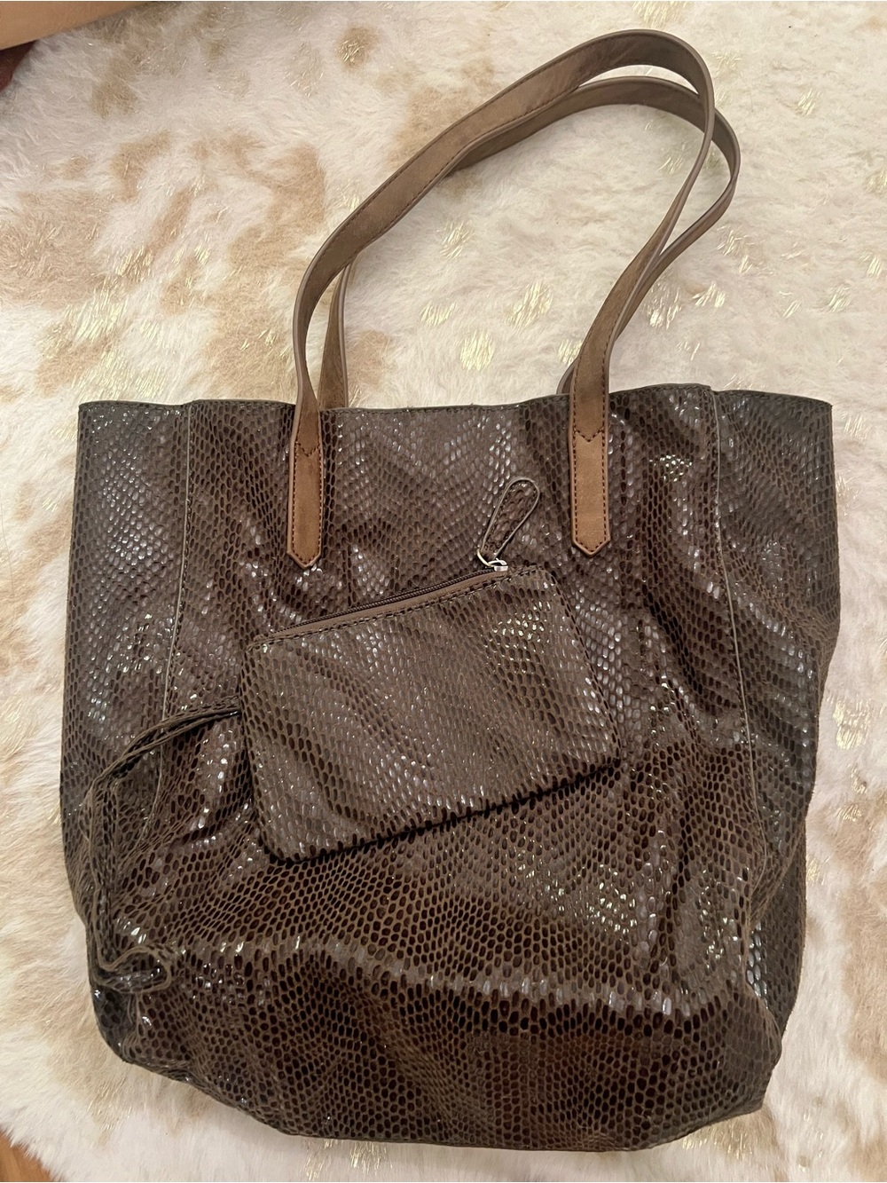 Joy Susan Brown Snake-Embossed Tote with Removable Pouch